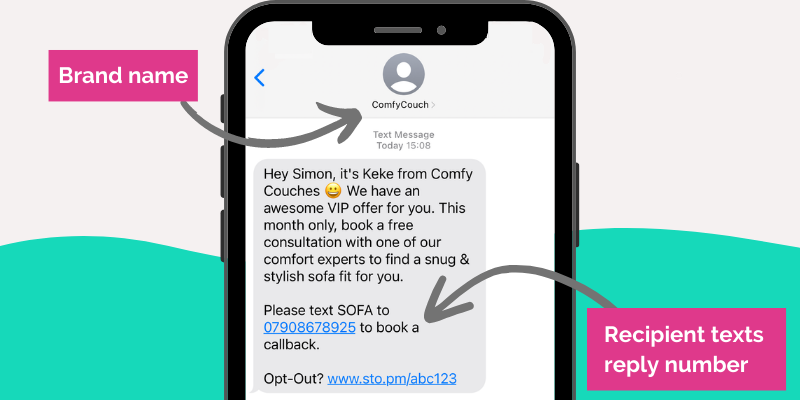 The brand name 'ComfyCouch' as the sender ID, with a reply number as a call to action