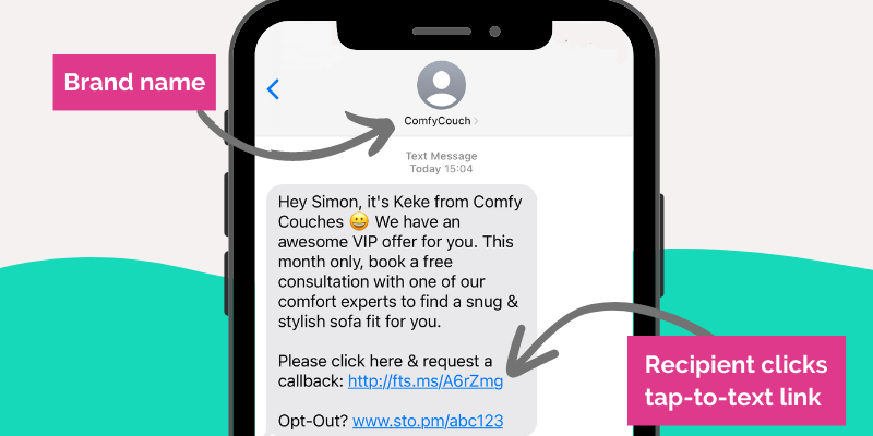The brand name 'ComfyCouch' as the SMS sender ID, with a tap-to-text link as the call to action