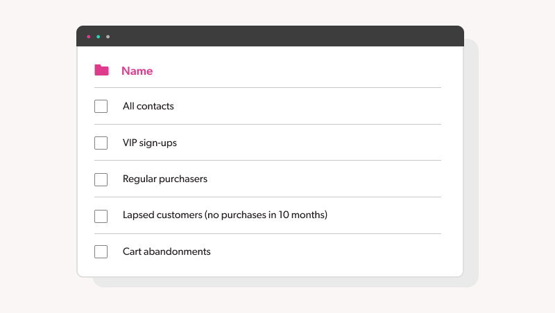 Screenshot of group of contacts segmented, including VIP sign-ups, regular purchasers & lapsed customers. 