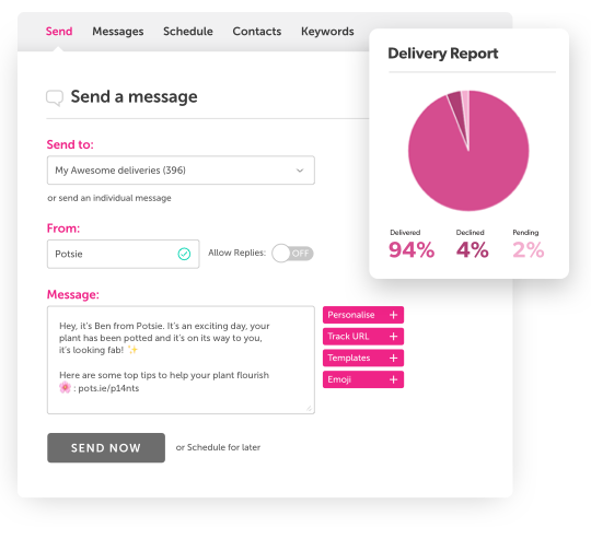 Image of the FireText Platform with a Drafted Message and Delivery Report Section
